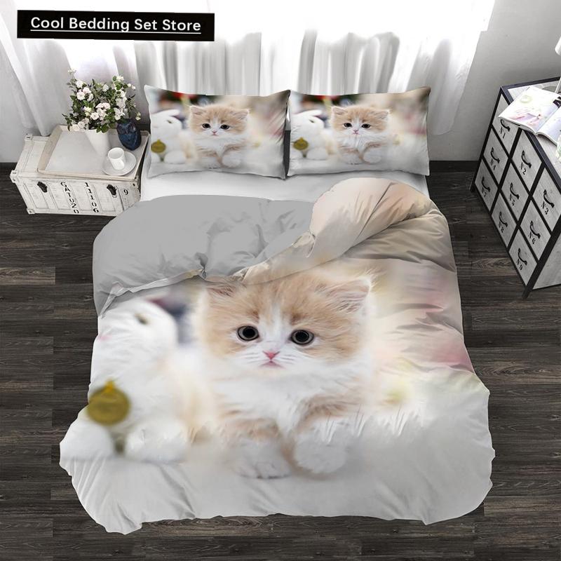Super Cute Kitten Kids Bedding Set Kawaii Girl Quilt Cove King Queen Size Cat Animal 2/3pcs Polyester Duvet Cover (No Sheet)