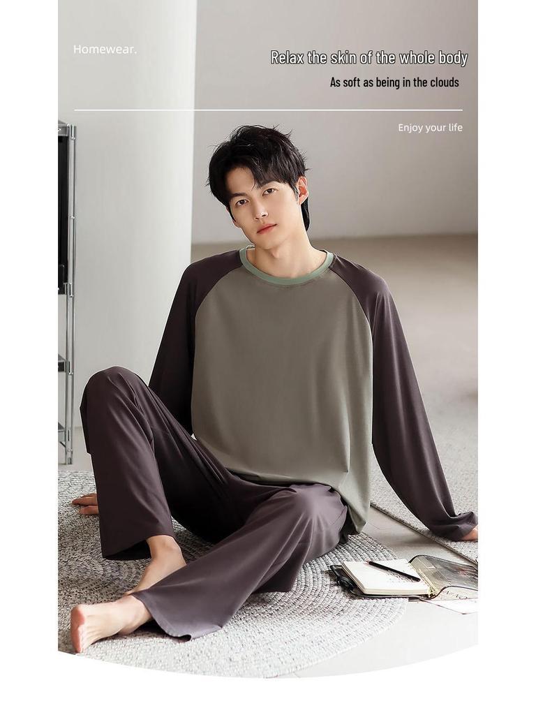 Men's Color Block Modal Pajama Set - Long Sleeve Round Neck for Stylish Spring and Autumn Wear