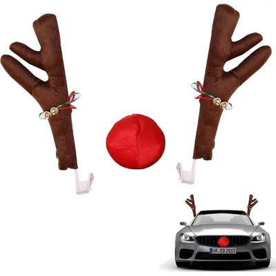 Reindeer Decoration Car Vehicle Nose Horn Costume Decor Set Rudolph Christmas Reindeer Antlers Red Nose Ornaments Elk Antler