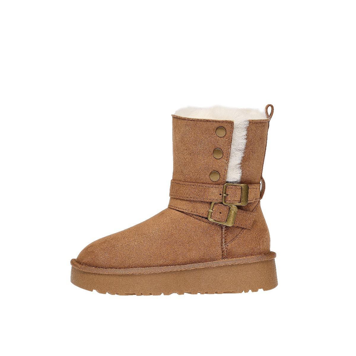 Casual versatile round head matte thick-soled three-breasted foldable velvet belt buckle snow boots 40