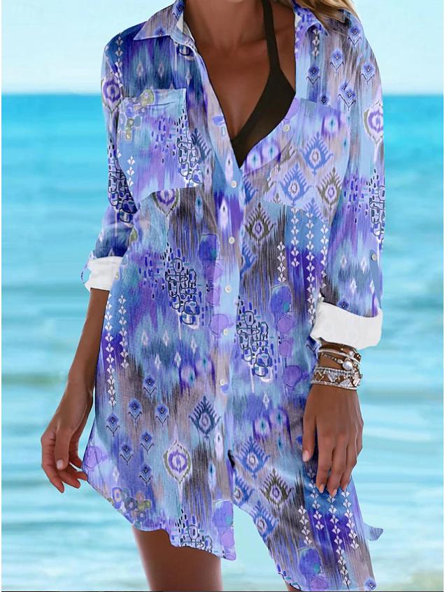 Trendy 3D Floral Print Lapel Long Sleeve Dress