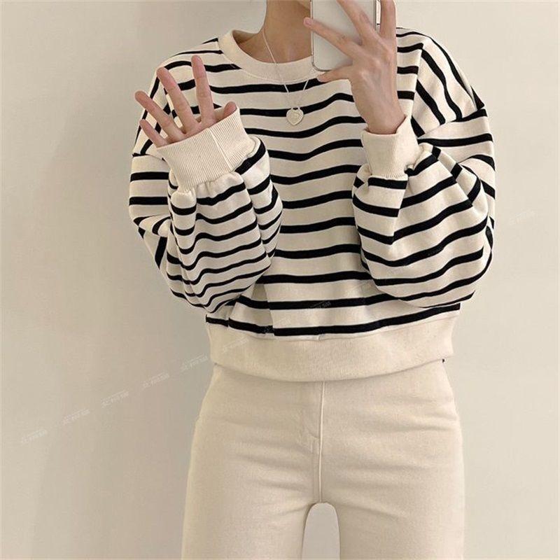 Striped Sweatshirt for Women Loose Fleece Autumn Winter Top Jacket Trendy