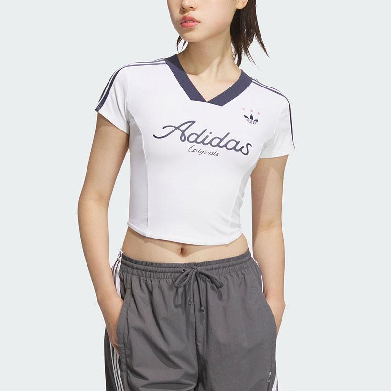 Adidas Originals Crop Jersey T-Shirt Color Block Striped Letter Print Sports Short Sleeve T-Shirt Women Tops White JD1130