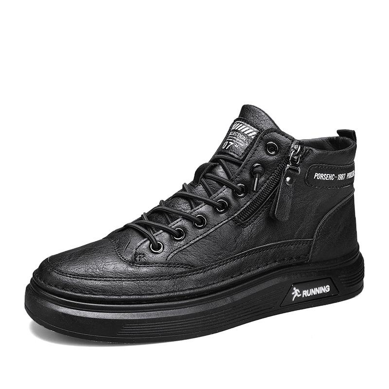 

High-top solid color trendy sports and leisure shoes, leather surface men s four-season flat-soled small black shoes, fashion outer wear lace-up board 39