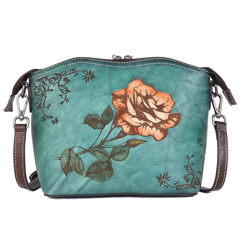 Vintage design Tašky přes rameno s květinovým vzorem z pravé kůže Crossbody kabelka pro ženy Dámská růžová kabelka