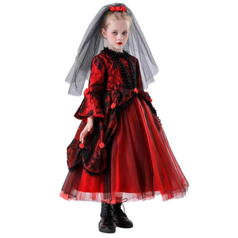 Halloween Vampire Witch Red Bride Princess Dress With Veil Kids Girls Party Costumes