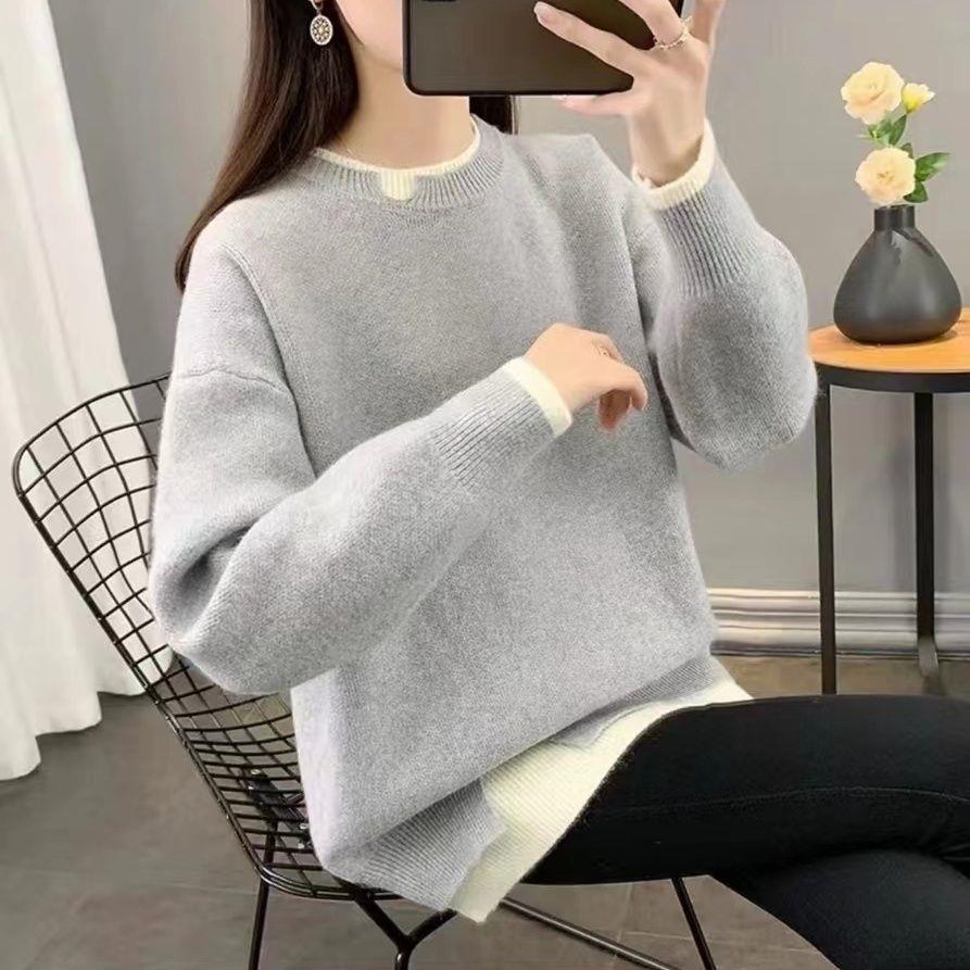 Pull épais en maille grande taille pour l'automne/hiver - Coupe ample, style coréen, look deux pièces, tricot décontracté pour femmes