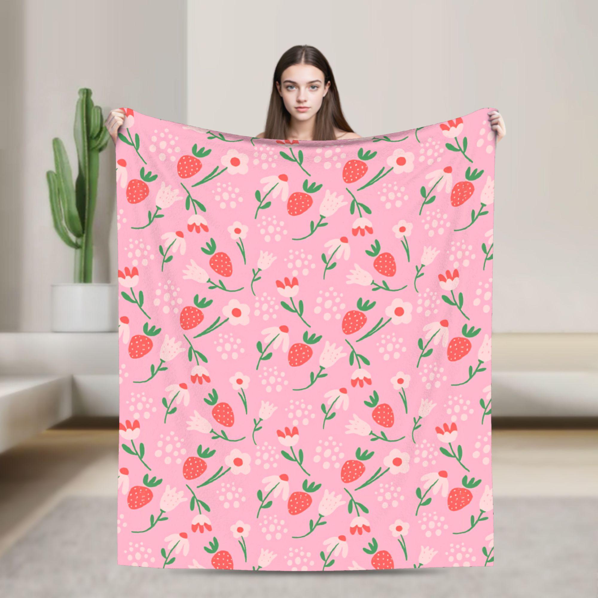 Pink Strawberry Print Blanket  Picnic Flannel Bedding Throws For Bedroom Soft Custom Quality Bedspread Gift 75x90cm
