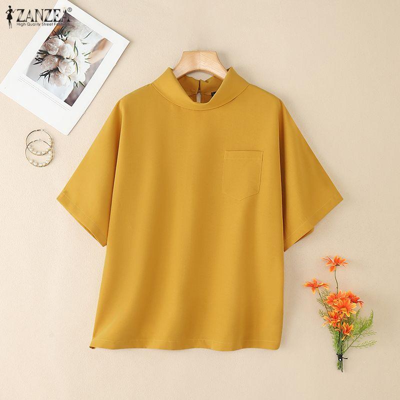 ZANZEA Women Loose Casual Stand Collar Summer Half Sleeve Blouse