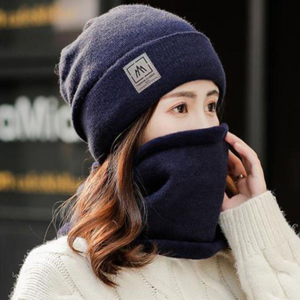 Thicken Plus Velvet Scarf Warm Knit Hat Cold-proof Neck Cover Solid Color Beanies Caps  Mens Womens