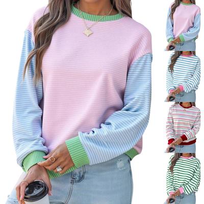 Women's Round Neck Striped Print Long Sleeve Loose T-shirt Top