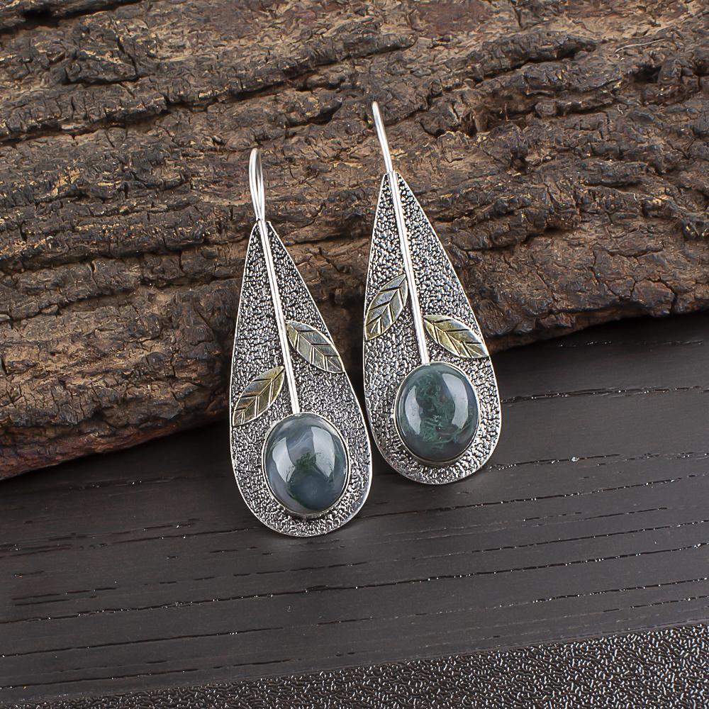 Boucles d'oreilles en Agate Mousse Argent Sterling Massif 925, Bijoux Boucles d'oreilles en Pierres Précieuses Faites Main, Cadeaux pour Femme Boucles d'oreilles Neuves