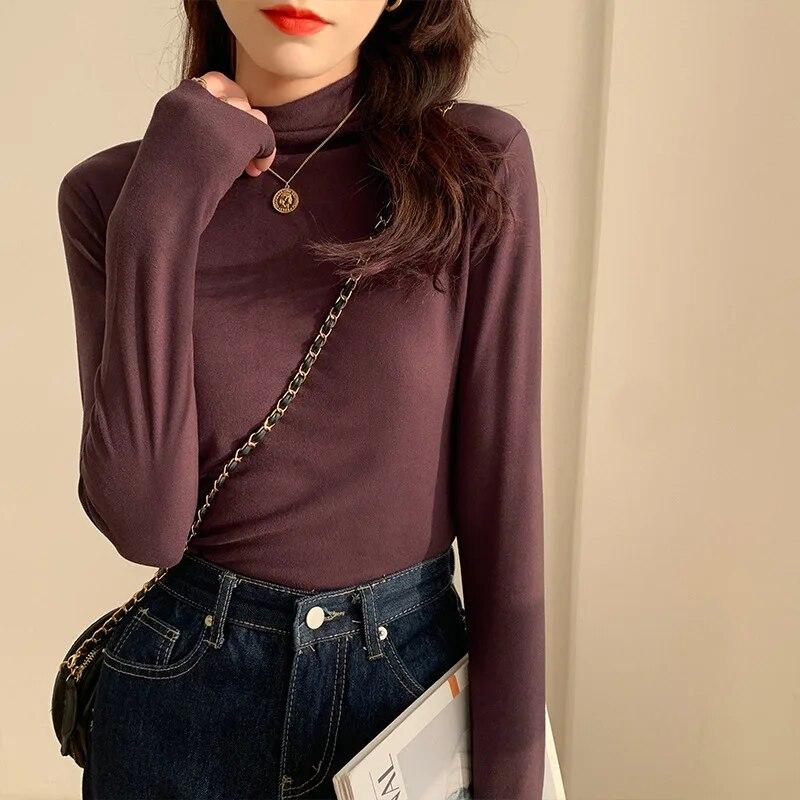 

Бархатная футболка с длинным рукавом в немецком стиле с половиной высоким воротом, женские осенние и зимние теплые тонкие футболки, женские элегантные футболки с низом, топы 30576 XL темно-коричневого