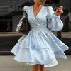 2026 Womens Elegant Print A-Line Dress With Puffed Sleeves High Waist Fit