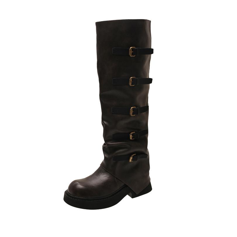 

Wasteland wind belt buckle thick-soled boots women s autumn 2025 new small thick heel sleeve western women s boots 40