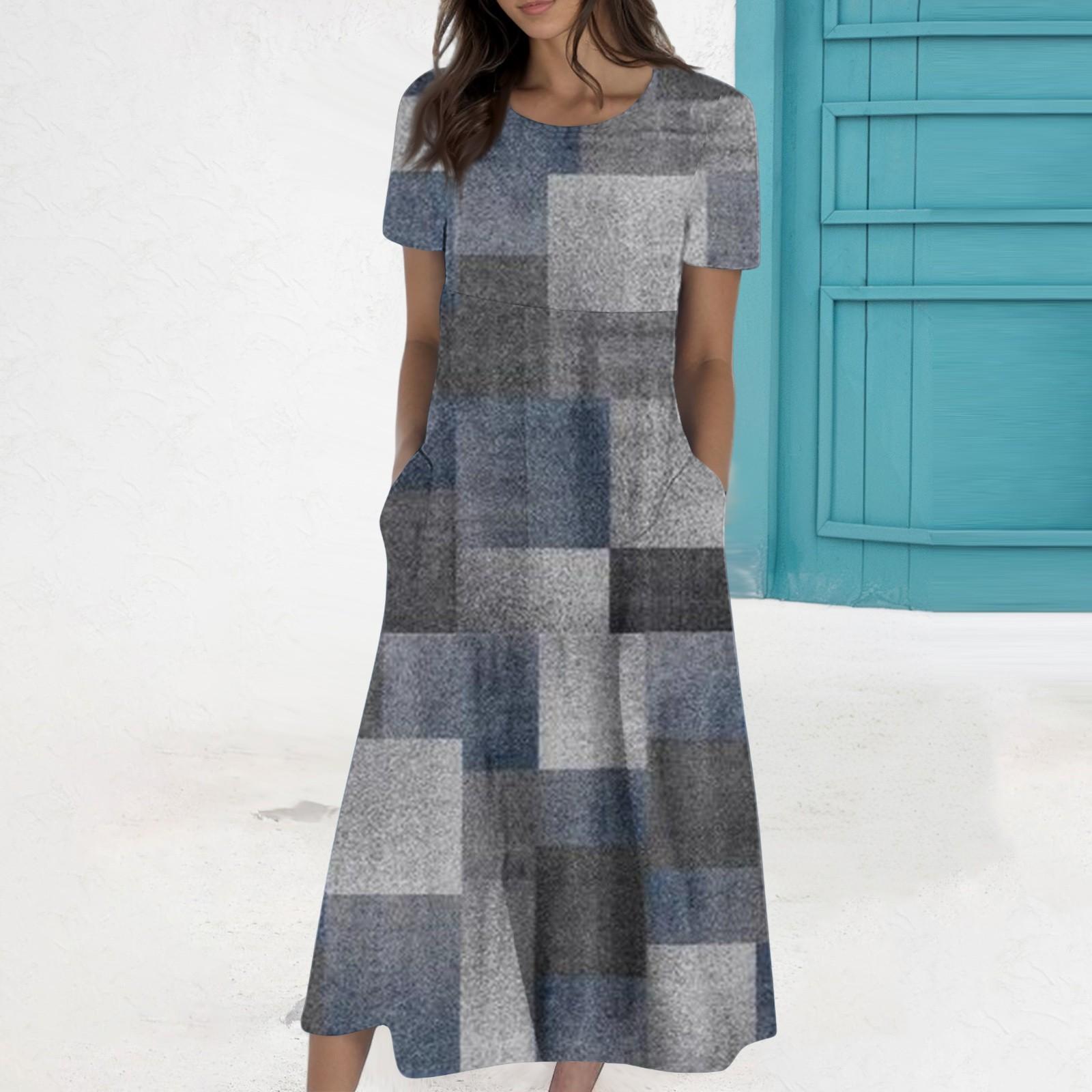 

Women s Summer Casual Fashion Printed Short Sleeve Round Neck Pocket Dress XL