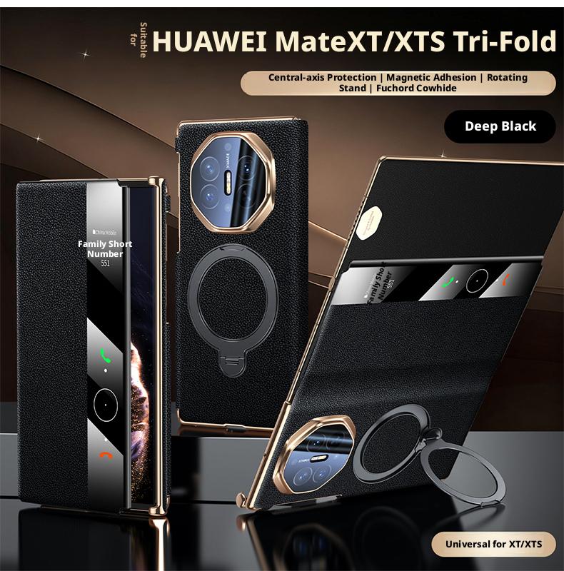 

Преміальний чохол зі справжньої шкіри для Huawei Mate XT та Mate XTs 360° обертова підставка Smart Window для прийому дзвінків Захисна кришка для камери Genuine Leather&Huawei Mate XTs Ultimate чорний
