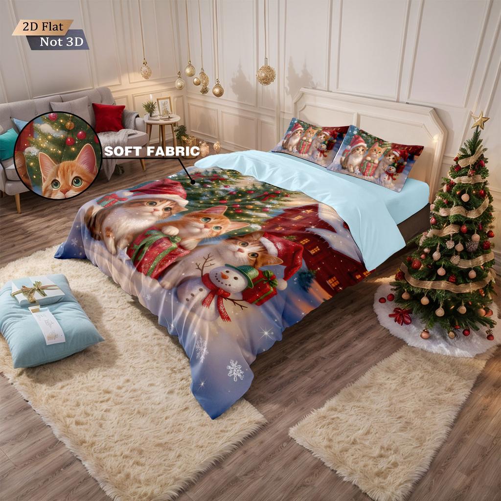 3pcs Merry Christmas Kitten Print Coreless Bedding Set Multiple Sizes Comfortable Bedrooms Bedding Decoration Machine Washable