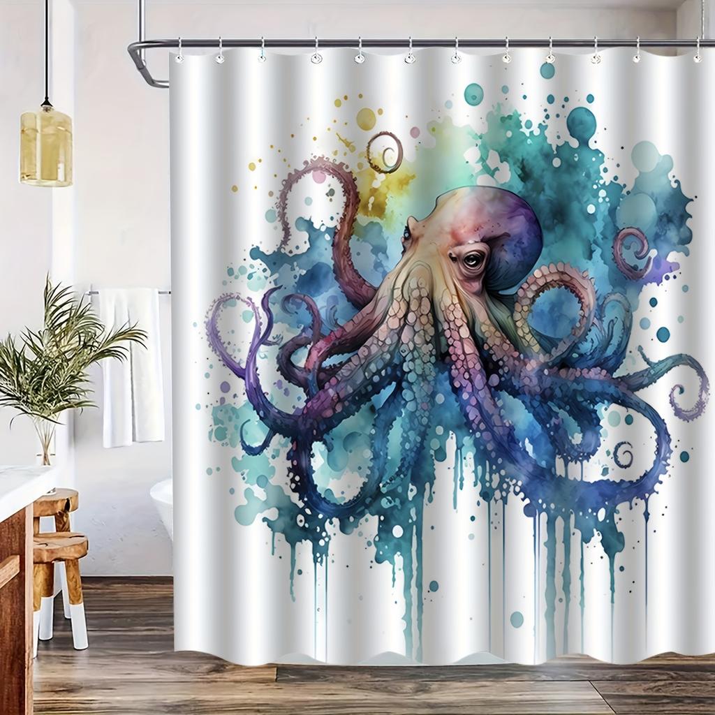 1Pc Octopus Pattern Shower Curtain For Home Bathroom Decoration With 12 Hooks Polyester Fabric Bathtub Curtain