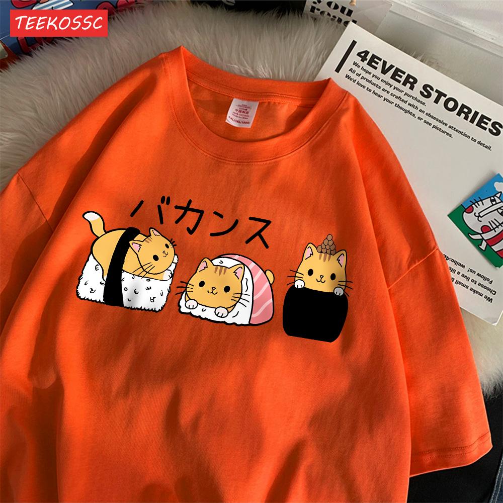 Fashion Women T-Shirts Japanese Cute Cat Sushi Printing Short Sleeve Oversize O-Neck Soft Summer Casual Female Clothes