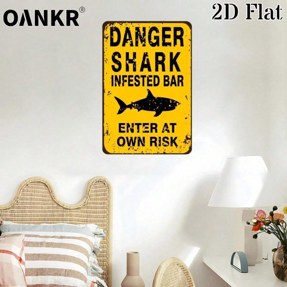 Vintage Shark Warning Metal Tin Sign, Retro Enter At Own Risk Plaque, Farmhouse Bar Wall Decor