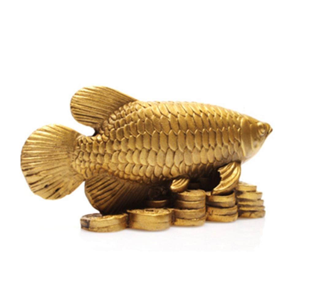 Copper Arowana Dragonfish Figurine, Feng Shui Item, Good Luck Charm, Folk Craft, Business Success, Prosperity, with Red String Bracelet