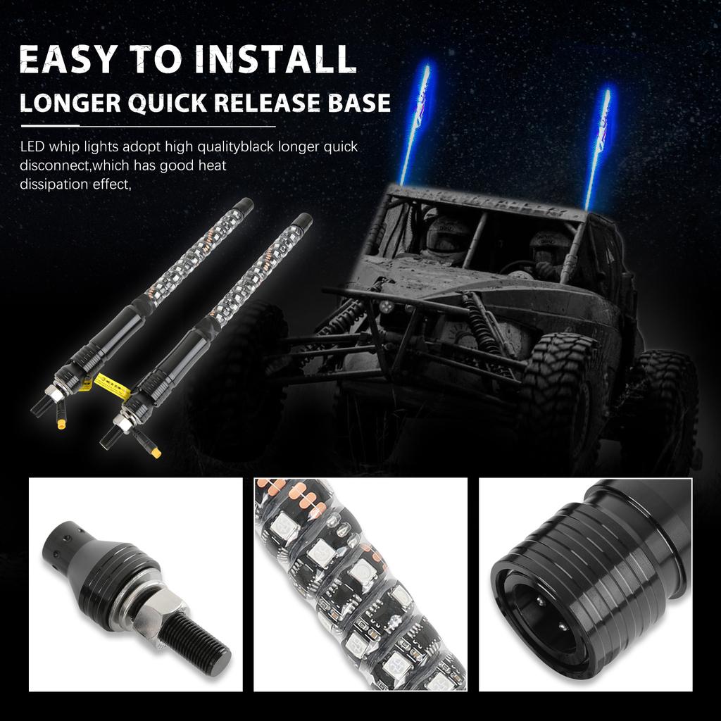 2PCS 1FT LED Whip Lights Waterproof Remote Control Flagpole Antenna Whips for UTV ATV Off Road Truck Sand Buggy Dune RZR