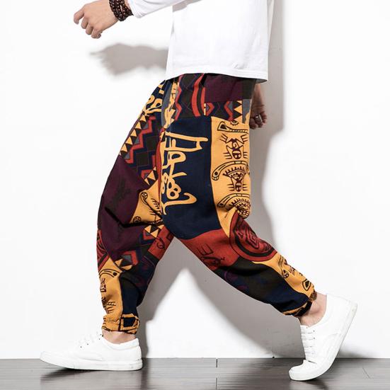 Harem Pants Large Crotch Ankle Tied Fashion Print Elastic Waist Loose Streetwear Plus Size Baggy Pants for Daily Wear