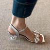 Sheepskin version~ Fairy style with skirt rhinestone open-toed sandals women's summer breathable silver thick heel crystal high heels