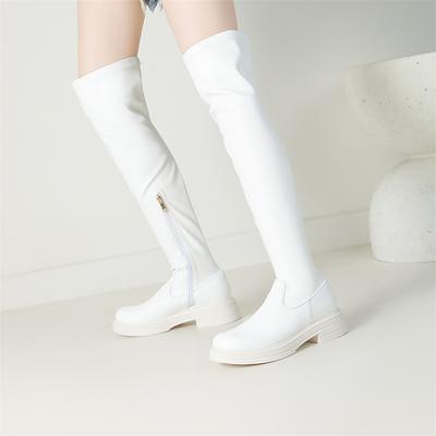 FOREADA Women Thigh High Boots Round Toe Thick Mid Heels Zipper Platform Long Boots Ladies Fashion Shoes Winter White Black 40