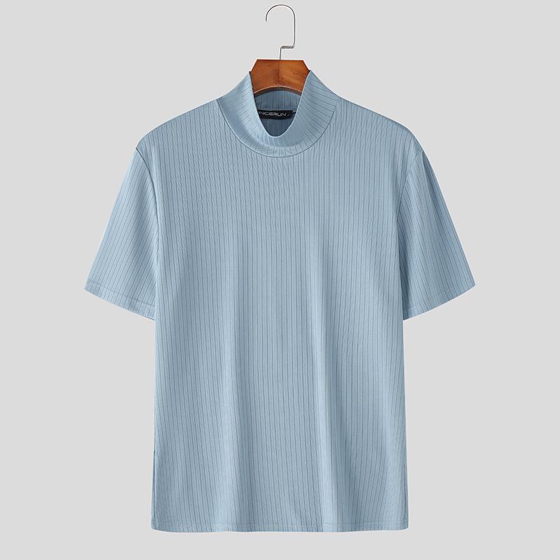 

INCERUN Men Turtleneck Short Sleeve Rib Fitted T-Shirts Tops 5XL синий