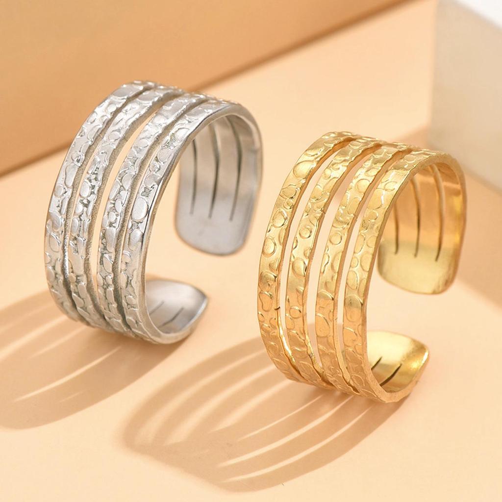 European Striped Stainless Steel Adjustable Open Ring - Simple and Versatile Jewelry Piece