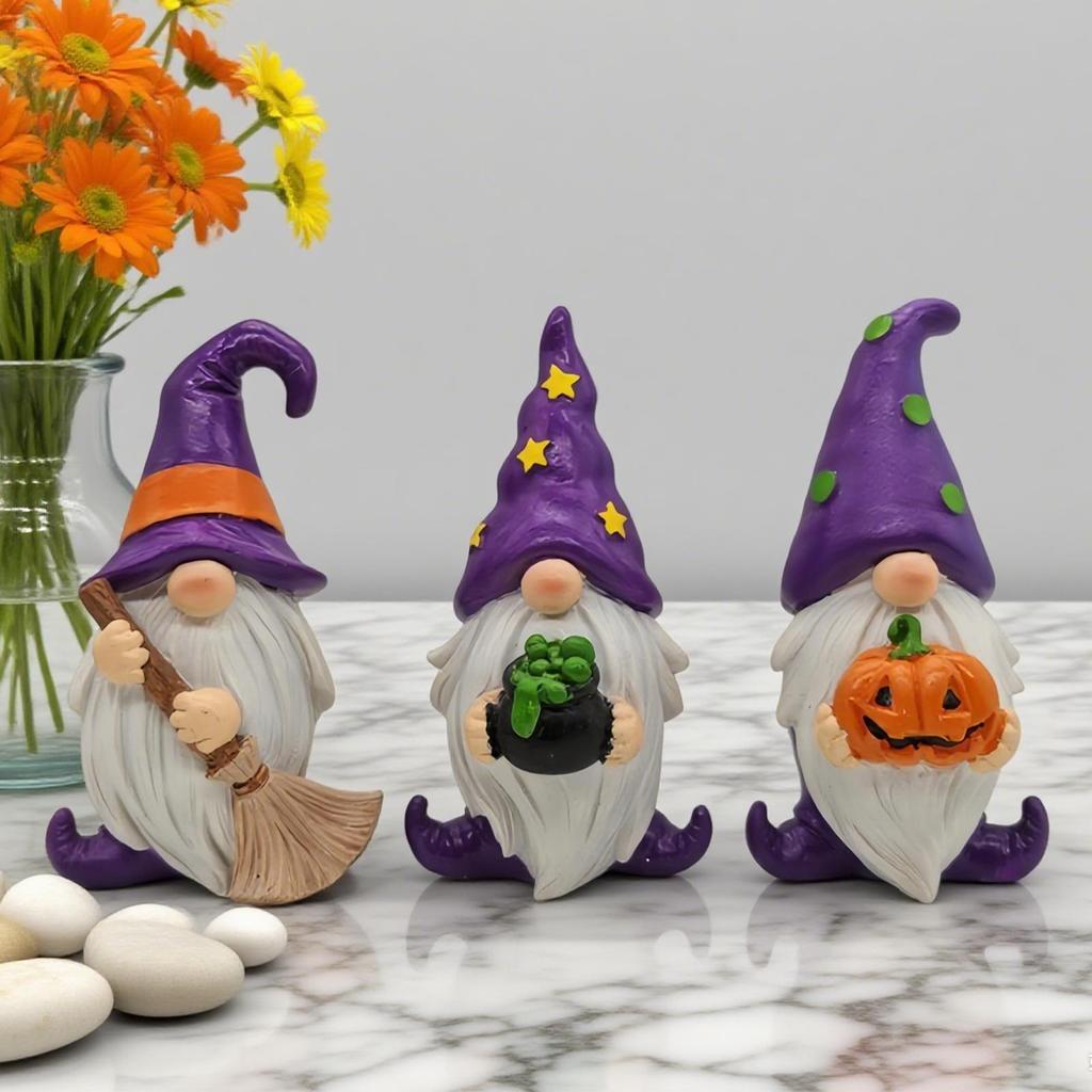 3PCS Halloween Dwarf Resin Gnomes Crafts Halloween Dwarf Statues Ornaments Party Decorations For Workplace Holiday Table Window