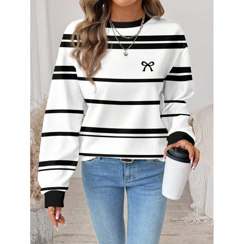 Womens Casual Striped Print Hoodie-Free Sweatshirt Loose Fit Round Neck Long Sleeve Top 2025