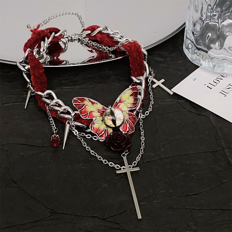 Vintage Y2K Halskette für Damen Mode Samt Schmetterling Quaste Kristall Kragen Halskette Gothische Ketten