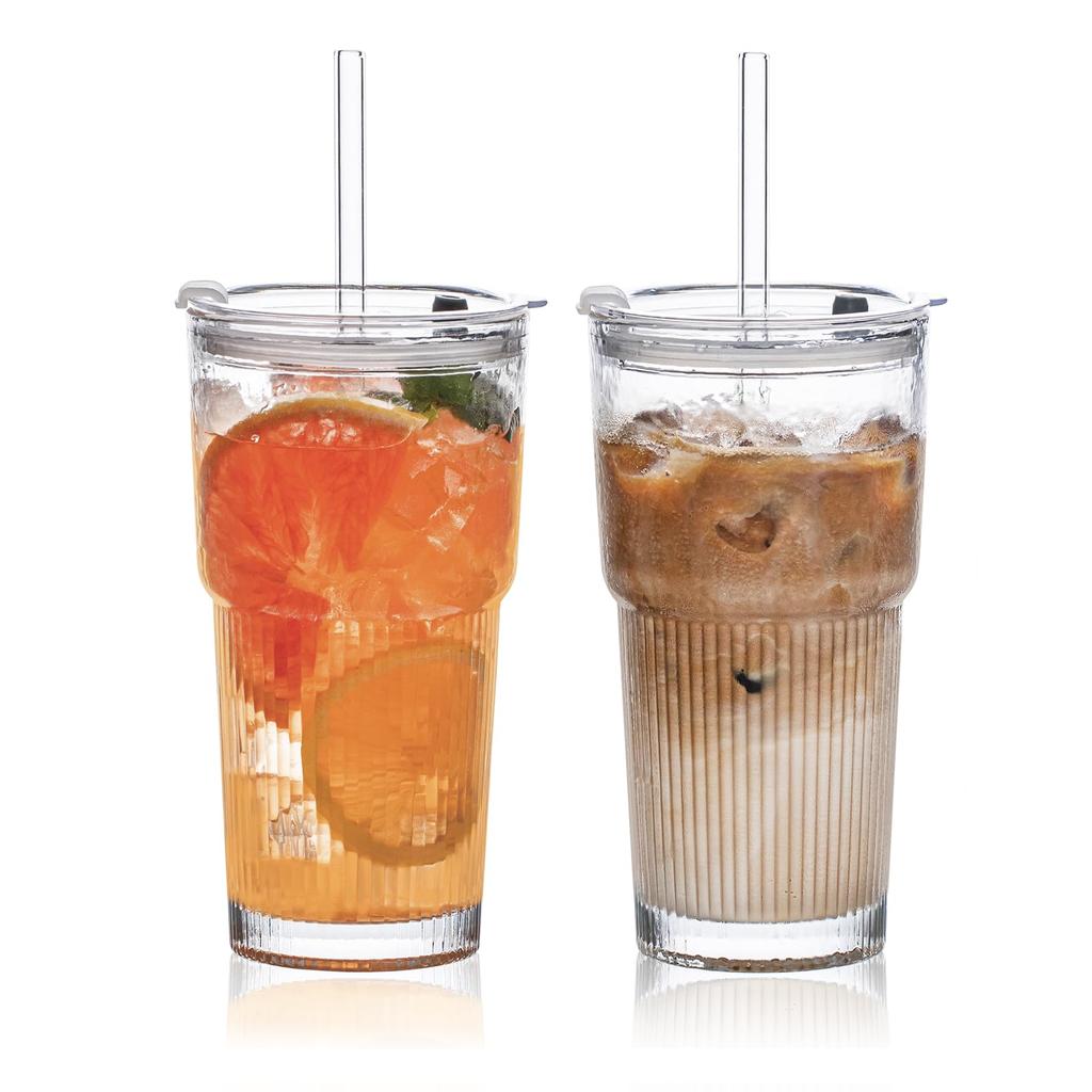 600ML Ribbed Glass Tumblers with Lids and Straws 1/2PCS Drinking Glasses for Iced Coffee Cups Milk Juice Cold Beverages
