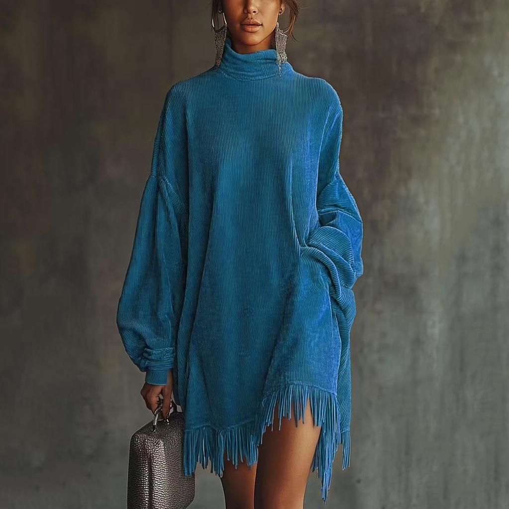 Women's Turtleneck Fringe Minied Dress, Ribbed Corduroy Dress, Casual Loose Color Pocket Dress