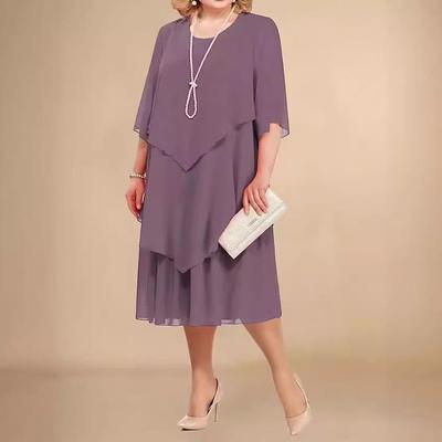 Elegant Chiffon Dress with Asymmetrical Overlay, Knee-Length, Round Neck, 3/4 Sleeve