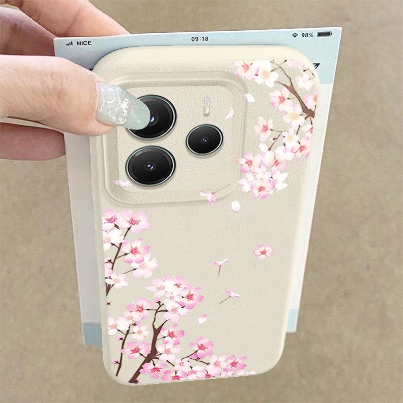 Rosa Pfirsichblüten Blumenmuster Hülle Für Xiaomi 14T 13T 11T Pro Funda Redmi Note 14 13 12 11 Pro 5G 4G Lederstruktur Silikonabdeckung