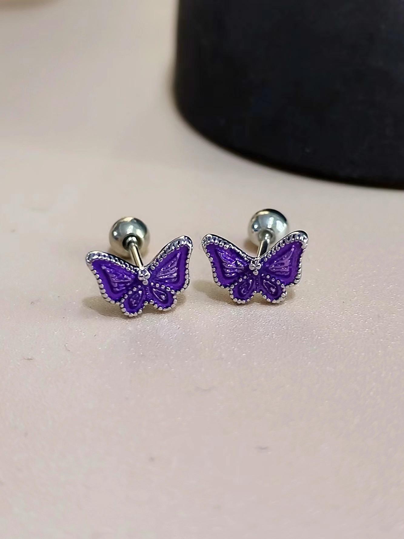 New purple butterfly stud earrings, new high-end fashion, versatile and non-allergic