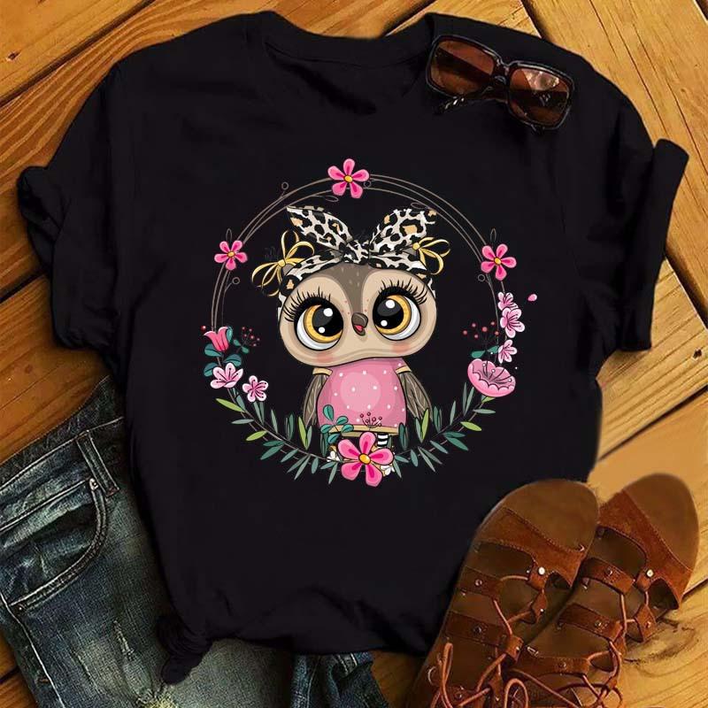 ZX TEE Camiseta de Mujer con Gráfico de Búho Lindo Estampado Harajuku Kawaii Negra Cuello Redondo Manga Corta Top Dibujos Animados Casual Verano Viaje Camiseta