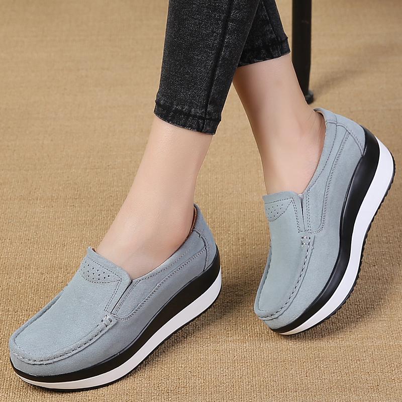 Women Loafers Suede Leather New Thick Sole Footwear Platform Flat Shoes for Women Comfort Wedge Moccasins Slip  Casual Shoes