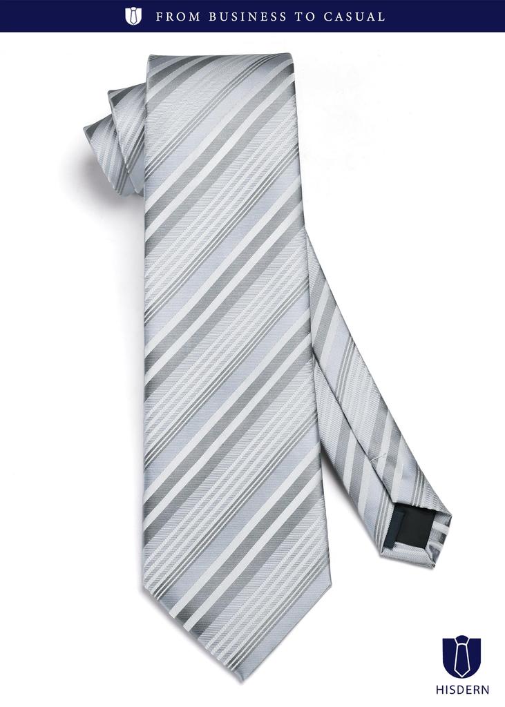 [HISDERN] Wedding Silver Tie Men's Tie Pocket Square Tie Pin Cufflinks 4-Piece Set Stripe Pattern For Weddings, Job Hunting, Entrance Ceremonies,