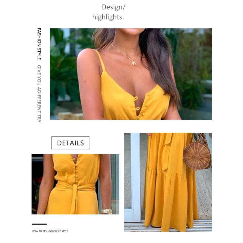 Women's Maxi Dress V-Neck Spaghetti Strap Button Front Tie Waist Tiered Sleeveless Casual Summer Beach Vacation Long Sundress