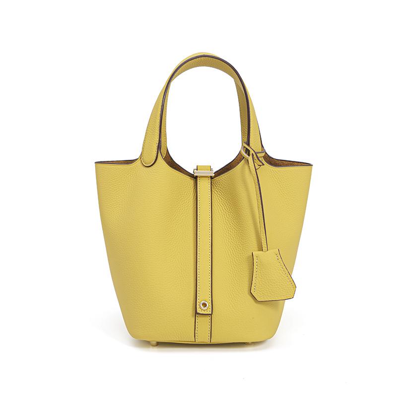 2025 Pendlerhandtasche aus echtem Leder mit großer Kapazität - Beuteltasche aus Rindsleder mit Litschi-Muster 18cm - Gold Buckle
