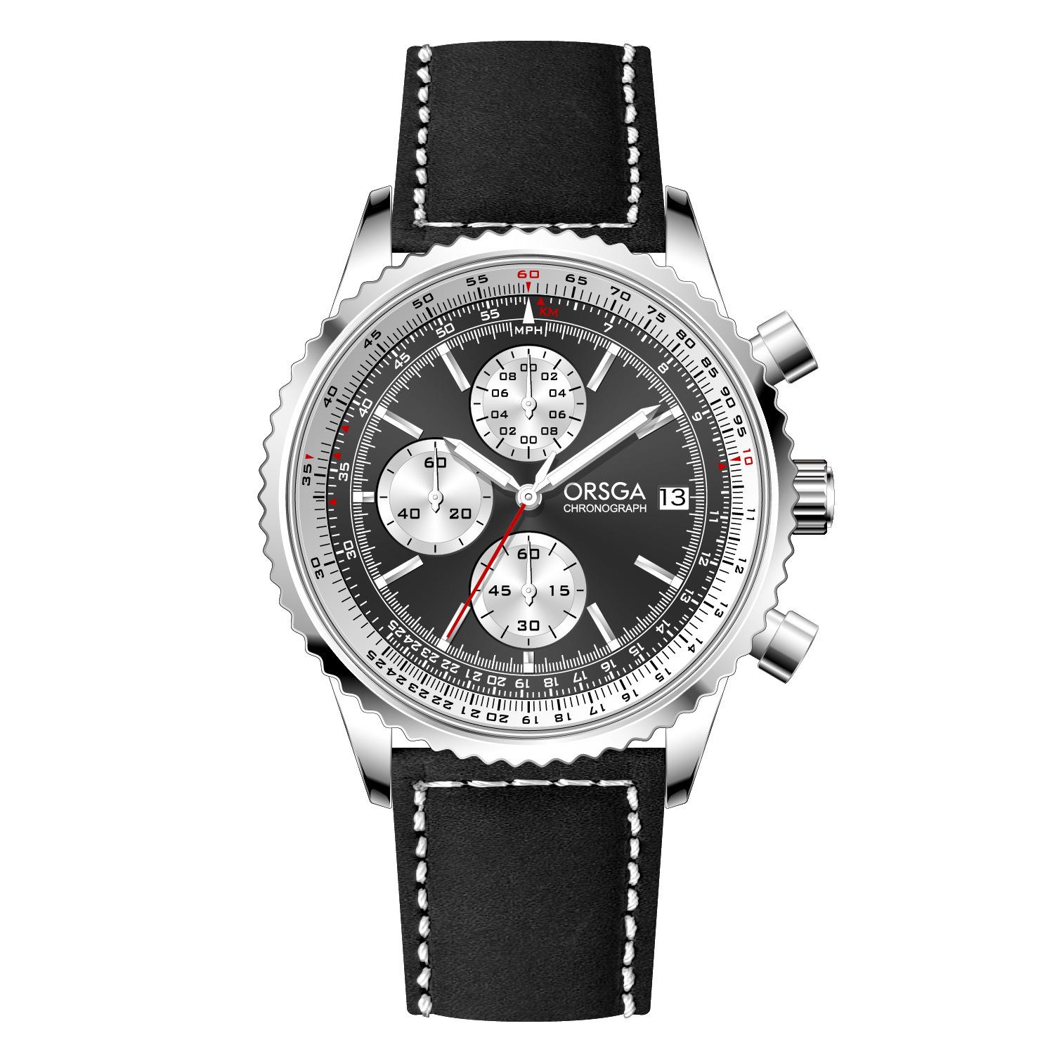 

Men s Chronograph Wrist Watches Pilot Style Steel Band Quartz Wateproof Date Luminous Business Watch Black leather чорний