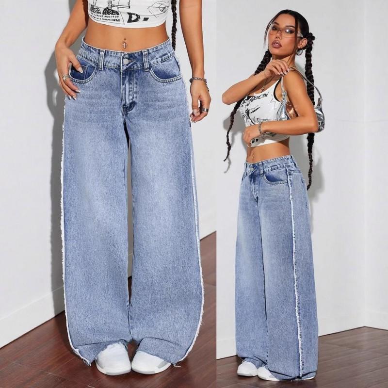 Womens High-Waisted Wide-Leg Denim Pants With Raw Hem Patchwork Design 2025 Streetwear Style