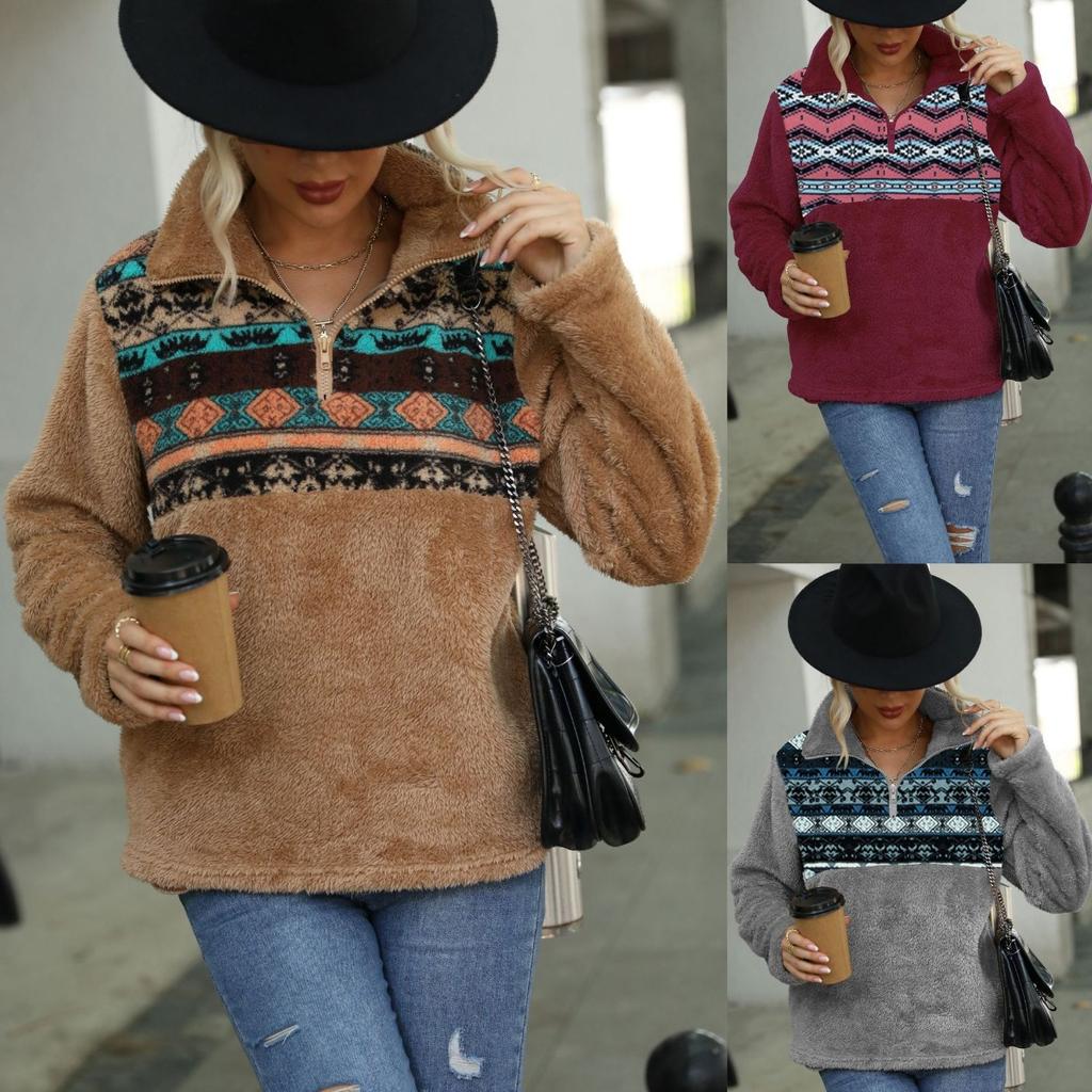 Women's Fleece Half Zip Sweatshirt, Oversized Stand Collar Long Sleeve Printed Pullover with Pocket, Autumn Winter Casual European American Streetwear