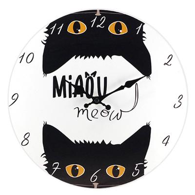 [A1123] - Ahşap Duvar Saati 'Kediler' siyah beyaz (miyav) - 30 cm