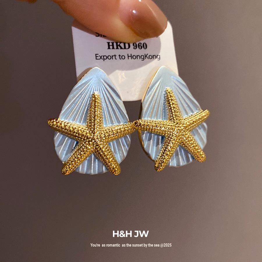European and American silver needles dripping oil starfish water drop earrings vacation style temperament earrings light luxury high-end earrings